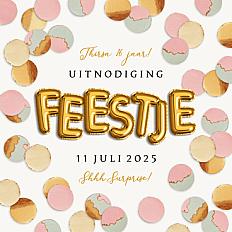 Uitnodiging feestje confetti goud pastel roze | Kaartje2go