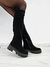 Высокие зимние сапоги из натуральной замши на цигейке, частично на молнии, толстая тракторная подошва, Черный