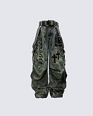 Dark Graffiti Patchwork Cargo Jeans（Free Belt and Chain Included）