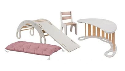 Komplet KIDS bujak , blat, krzesełko, materac, ślizg Montessori biel 5el