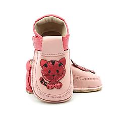 Pantofi primii pasi barefoot fete bebe, piele naturala, roz, pisica