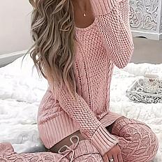 Elegant Pink Knit Sweater Dress For Women - Casual Long Sleeve, Round Neck, Bodycon Midi With Cable Knit Pattern, Fall/winter, 100% Polyester