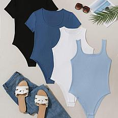 4pcs Women's Casual Round Neck Strapless Tie Front Top, Solid Color, Soft And Comfortable, Fitted, Knit Polyester Fabric, 245g/m², For Spring, Summer