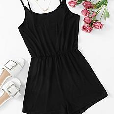 Cinched Waist Cami Romper Jumpsuit, Casual Sleeveless Solid Color Romper Jumpsuit, Women's Clothing